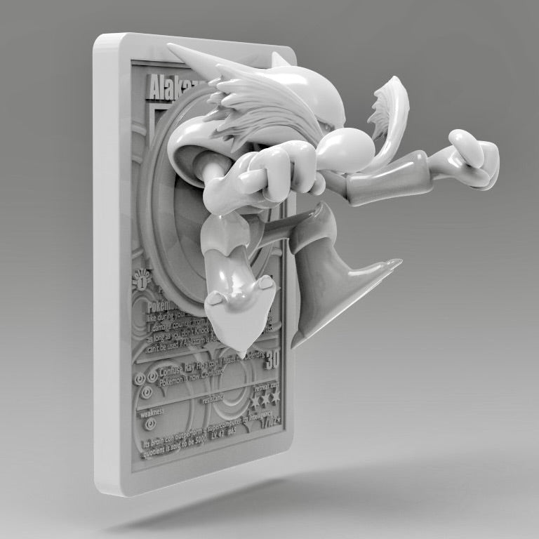 "Side profile of Alakazam 3D printed card, showing dynamic pose and card frame detail."