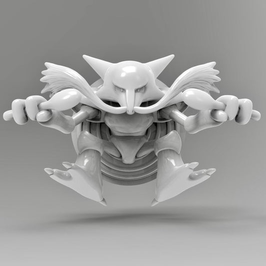 A 3D printed Alakazam Pokémon wall décor figure in smooth grey resin. Alakazam is posed in a dynamic forward stance, holding two spoons in its hands with its arms extended wide, giving it a powerful and intimidating look. The model is highly detailed, with sharp edges, strong features, and a raised circular backdrop that frames the character.