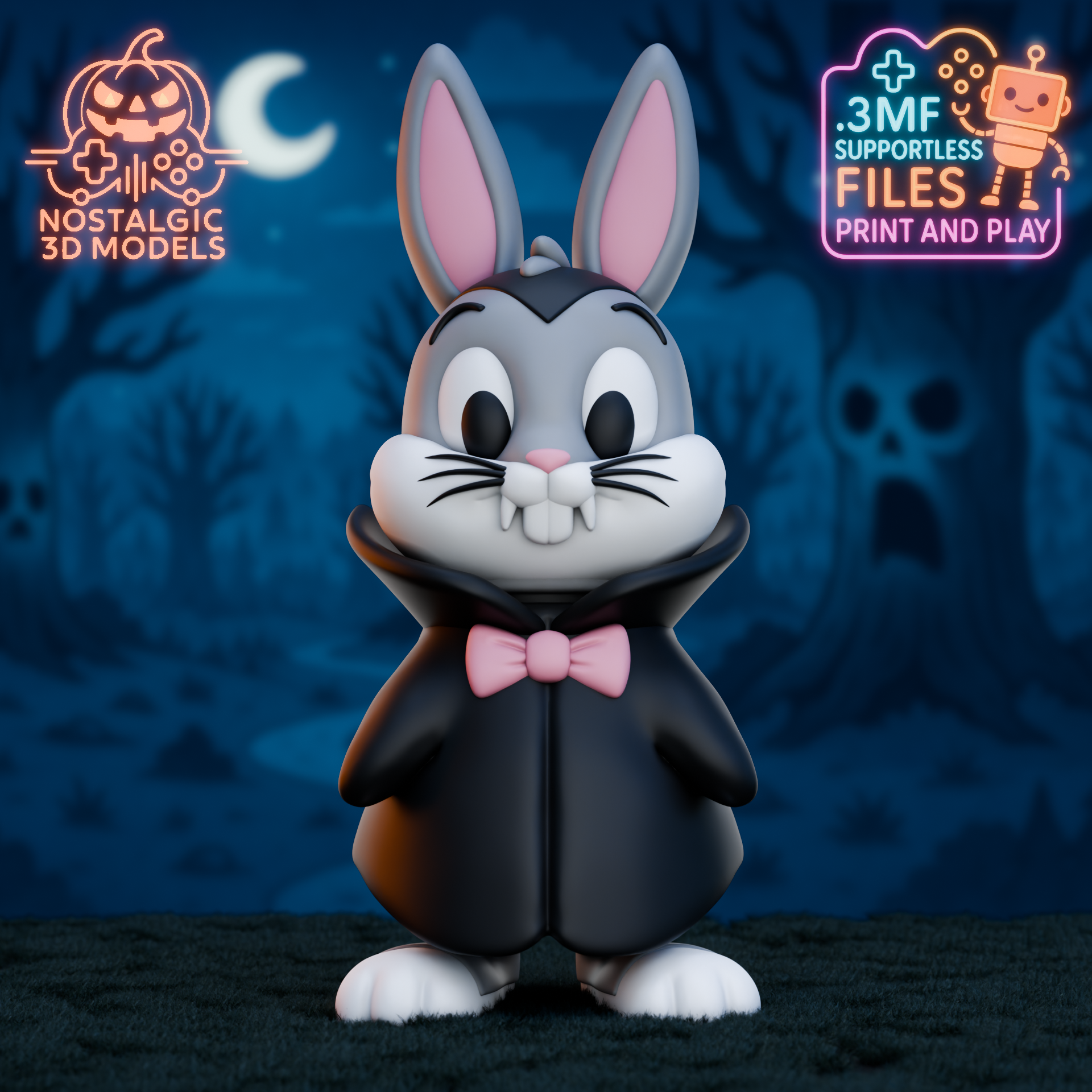 3D render of a flexi Bugs Bunny styled as Dracula with a pink bowtie, set against a spooky blue forest night background with Halloween icons and logos.