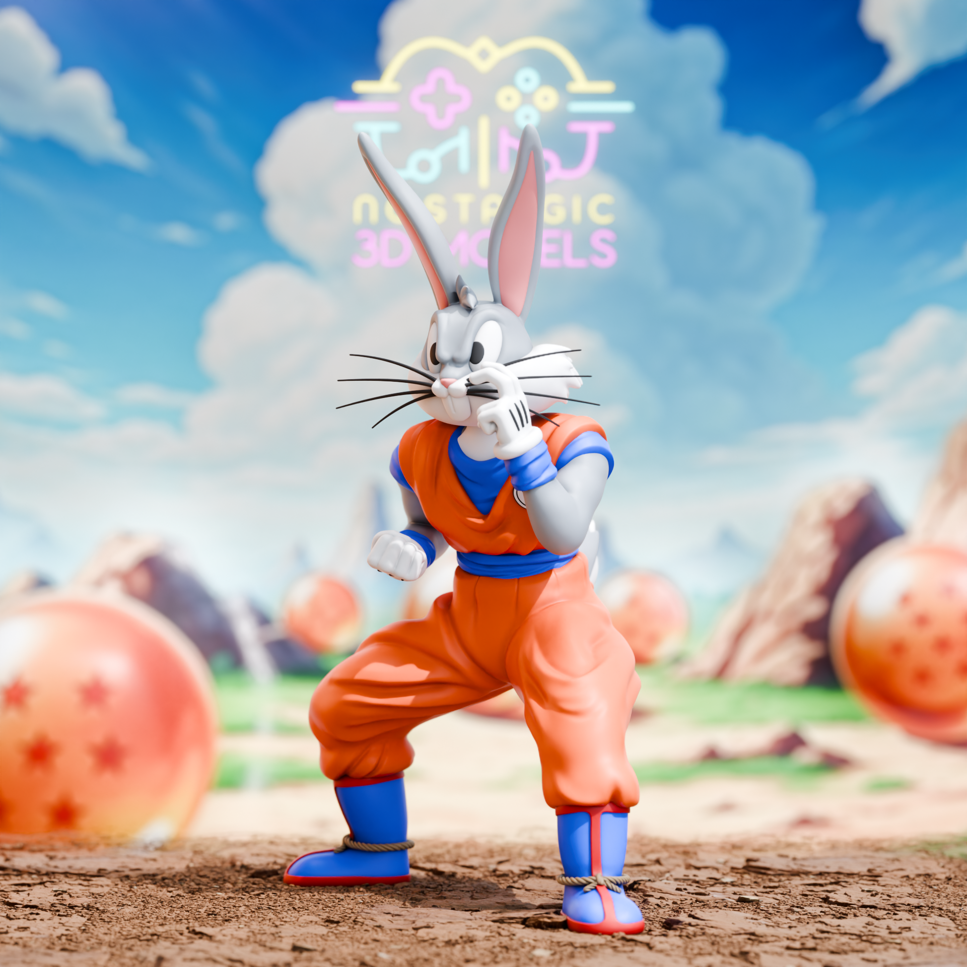 A 3D printed figure of Bugs Bunny dressed as Goku from Dragon Ball Z, striking a fighting pose with one fist raised and the other hand touching his cheek. He’s wearing an orange gi with blue wristbands and boots, standing on a desert-like terrain with large Dragon Balls in the background.