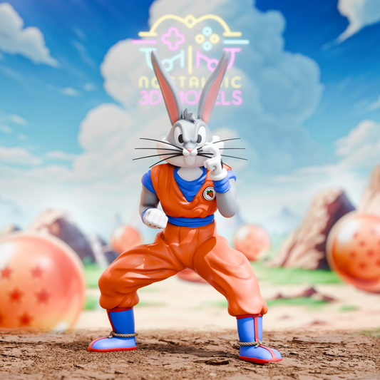 Straight-on view of the Bugs Bunny as Goku 3D printed model. He’s in a battle-ready stance with his trademark smirk, wearing Goku’s signature outfit and standing against a stylized, vibrant anime backdrop.