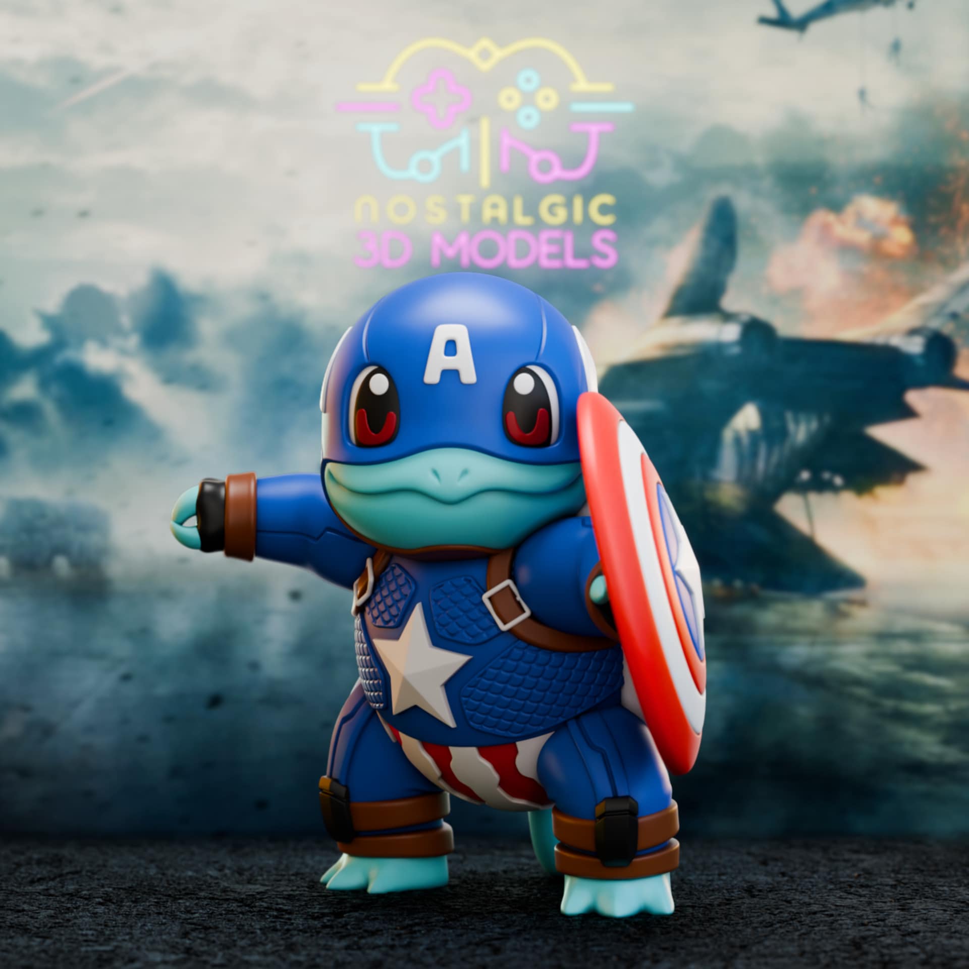 3D printed Squirtle figure cosplaying as Captain America, complete with a star-spangled chest plate, blue helmet with an “A,” and red-white-blue shield. The background shows a stormy battlefield with the Nostalgic 3D Models logo