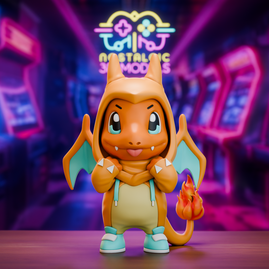 3D printed chibi Charmander figure in a Charizard-inspired hoodie with flame tail, wearing teal shoes, tongue out in playful expression