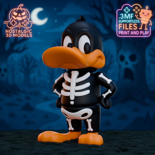 A 3D-printed figure of Daffy Duck wearing a skeleton Halloween costume. The figure has a bright orange beak and feet, and a black body suit with white cartoon-style bones printed on it. Daffy stands confidently with his hands on his hips against a spooky blue background with a full moon and cartoon ghosts in the forest. The image includes two neon-style graphics reading "Nostalgic 3D Models" and ".3MF Supportless Files – Print and Play."