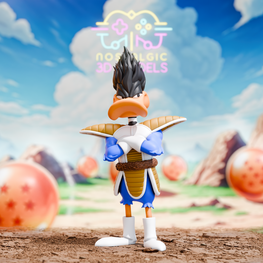 3D printed figure of Daffy Duck dressed as Vegeta, arms crossed in a stern pose with classic Saiyan armor and spiky black hair.