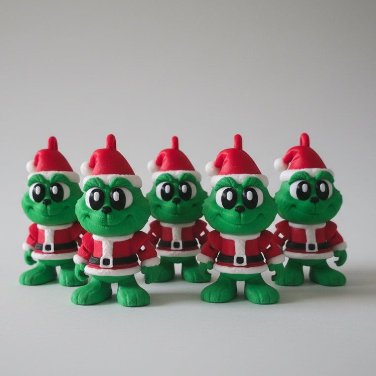 Five small 3D-printed Grinch ornaments wearing red Santa outfits and hats, arranged in a row against a solid black background. Each figure is bright green with big cartoon eyes and a festive Christmas design.