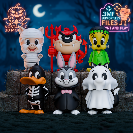 A 3D-rendered group of six Looney Tunes-inspired characters in Halloween costumes, standing on hay bales with a spooky blue forest and crescent moon in the background. From left to right: Porky as a mummy, Taz as a devil holding a red trident, Tweety as Frankenstein, Daffy as a skeleton, Bugs Bunny as a vampire in a bowtie, and Sylvester as a ghost with a sheet over his head. Logos for "Nostalgic 3D Models" and ".3MF Supportless Files – Print and Play" appear in the top corners.
