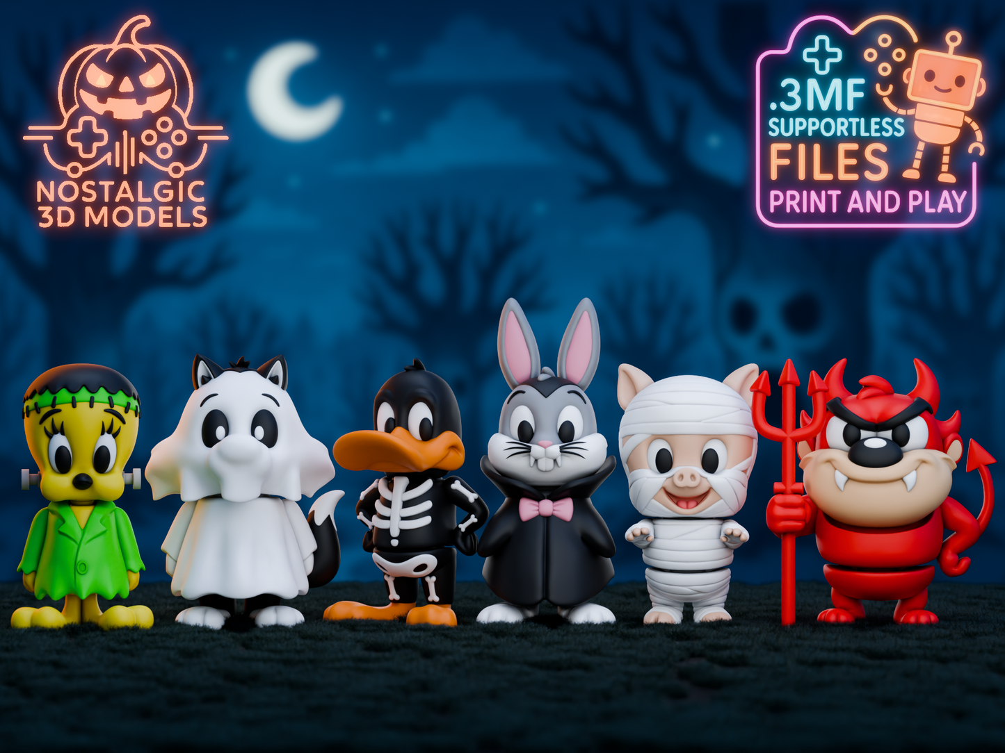 Six stylized 3D Looney Tunes-inspired Halloween characters lined up on a dark textured floor with a misty, spooky forest background. Left to right: Tweety as Frankenstein's monster, Sylvester as a ghost, Daffy as a skeleton, Bugs Bunny as a vampire, Porky as a mummy, and Taz as a devil with a trident. The glowing Nostalgic 3D Models and .3MF Print and Play logos are displayed in the top corners, adding a neon pop.