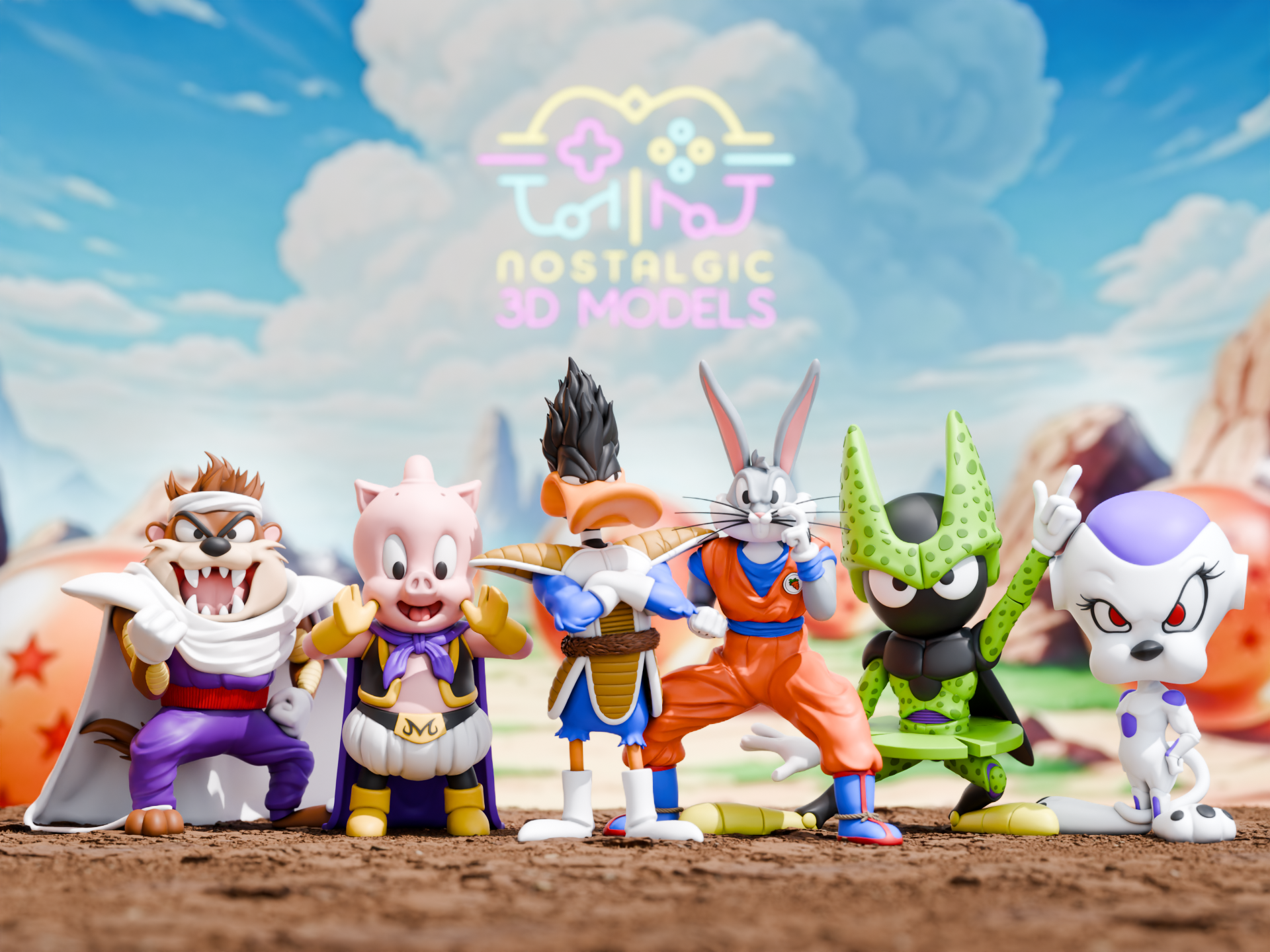 Six 3D printed collectible figures of Looney Tunes characters dressed as Dragon Ball Z characters, standing in a row on a dirt surface with Dragon Balls and a cartoon-style landscape in the background. From left to right: Taz as Piccolo, Porky Pig as Majin Buu, Daffy Duck as Vegeta, Bugs Bunny as Goku, Marvin the Martian as Cell, and Tweety Bird as Frieza. All figures are highly detailed with expressive poses and vibrant colors, set against a blue sky and desert scene.
