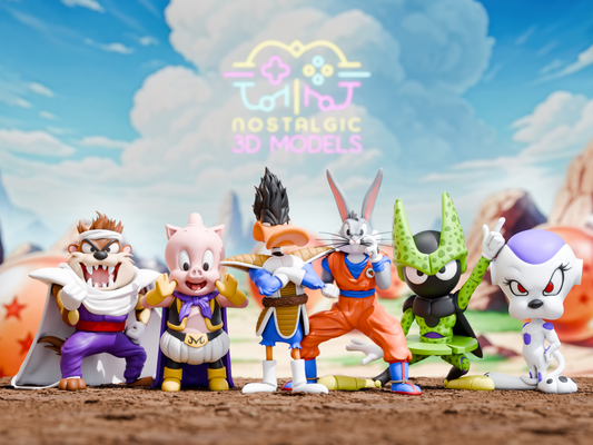 Six 3D printed collectible figures of Looney Tunes characters dressed as Dragon Ball Z characters, standing in a row on a dirt surface with Dragon Balls and a cartoon-style landscape in the background. From left to right: Taz as Piccolo, Porky Pig as Majin Buu, Daffy Duck as Vegeta, Bugs Bunny as Goku, Marvin the Martian as Cell, and Tweety Bird as Frieza. All figures are highly detailed with expressive poses and vibrant colors, set against a blue sky and desert scene.