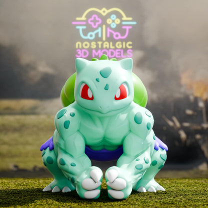 3D printed Bulbasaur reimagined as the Hulk, in a powerful crouch with muscular limbs and angry red eyes. The background is a smoky battlefield with destruction in the distance and the Nostalgic 3D Models logo floating above.