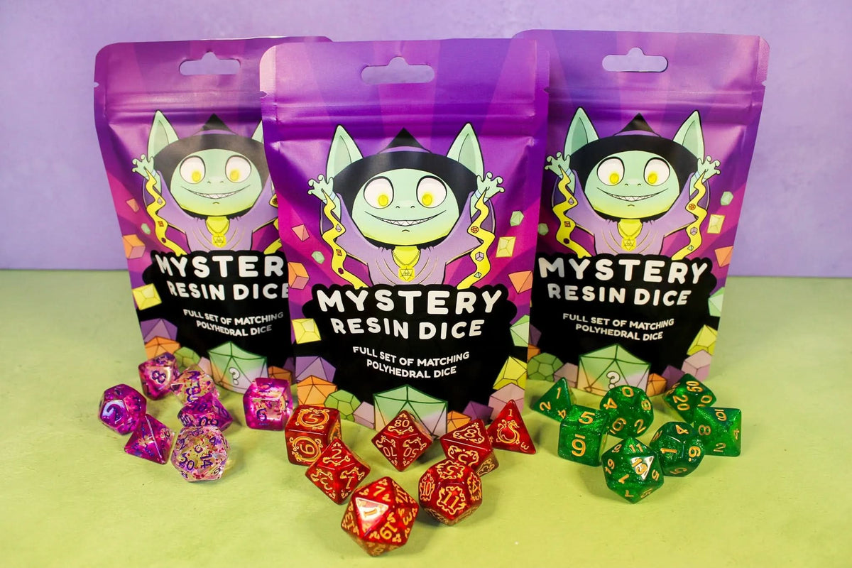 3 Mystery Acrylic Dice bags featuring colourful matching polyhedral dice sets, perfect for Dungeons & Dragons, tabletop RPG players, dice collectors, and fantasy adventurers.
