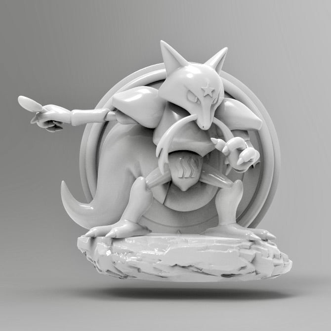 Front view of a 3D printed Kadabra wall décor, posed with its spoon and a psychic stance, mounted on a resin wall base.