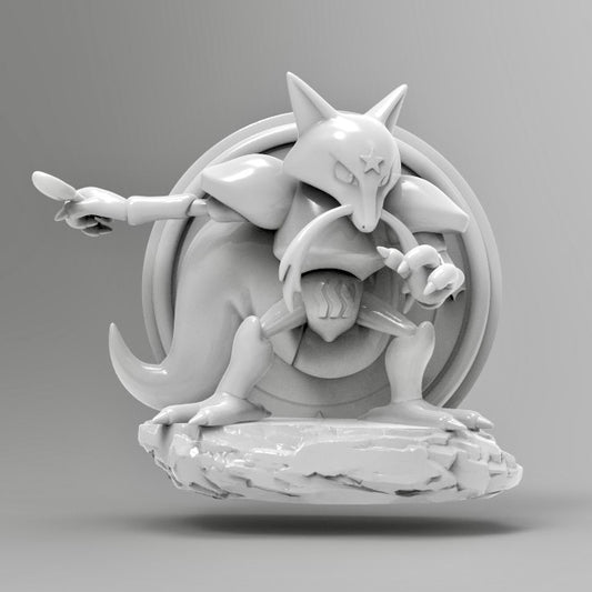 Front view of a 3D printed Kadabra wall décor, posed with its spoon and a psychic stance, mounted on a resin wall base.