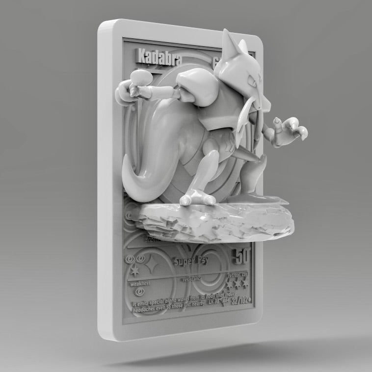 "Side view of Kadabra 3D printed card showing raised sculpted details and rocky base."