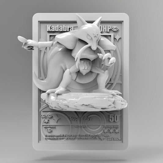 "3D printed resin Kadabra bursting from a vintage-style Pokémon card, wielding a spoon mid-attack."