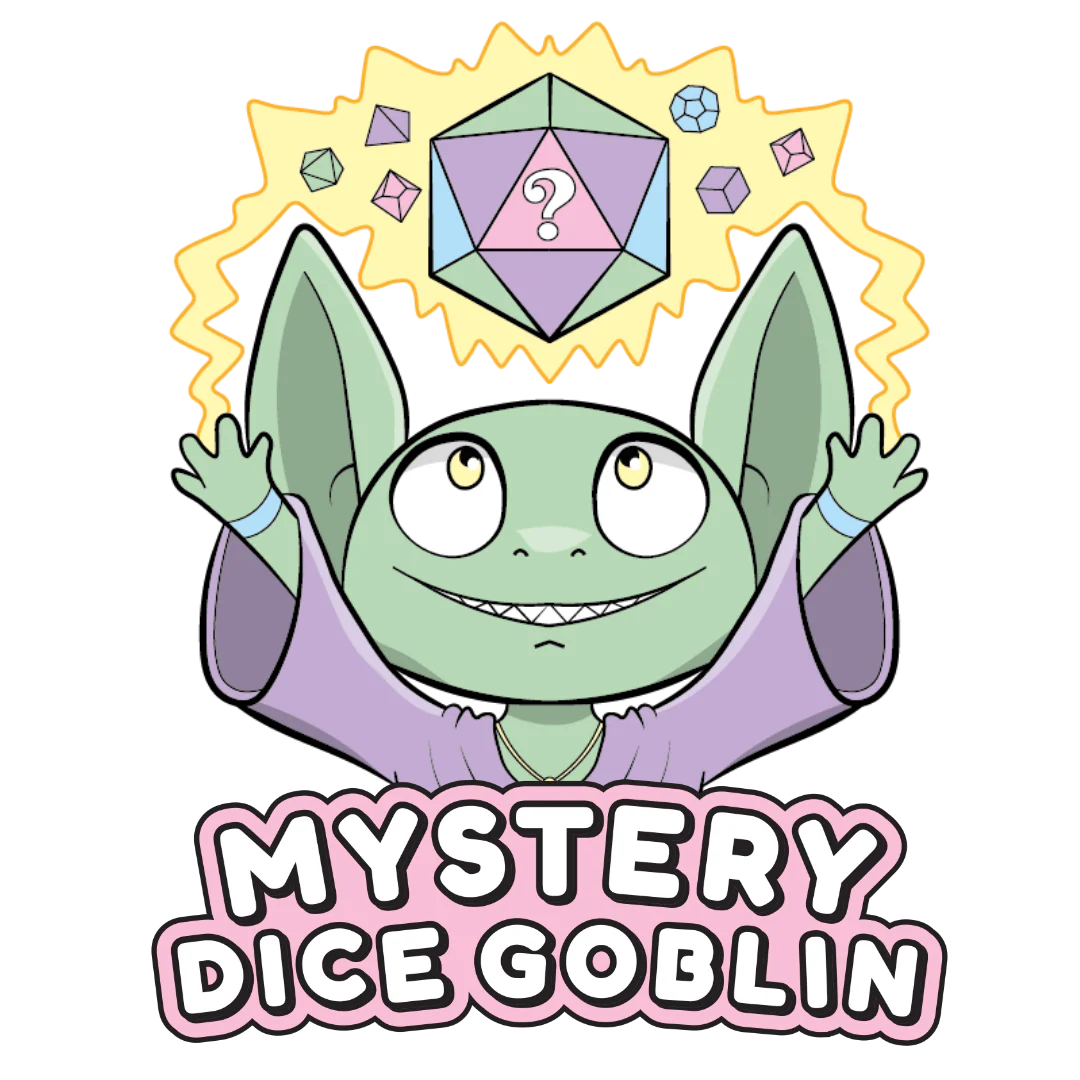 Cartoon goblin character with a dice and 'Mystery Dice Goblin' text on a white background