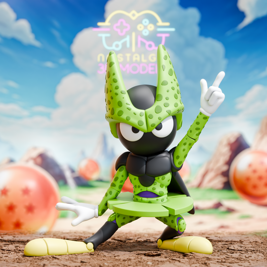 3D printed figure of Marvin the Martian dressed as Cell from Dragon Ball Z, striking a confident pose with one hand raised. The background features a stylized Dragon Ball desert landscape with orange Dragon Balls