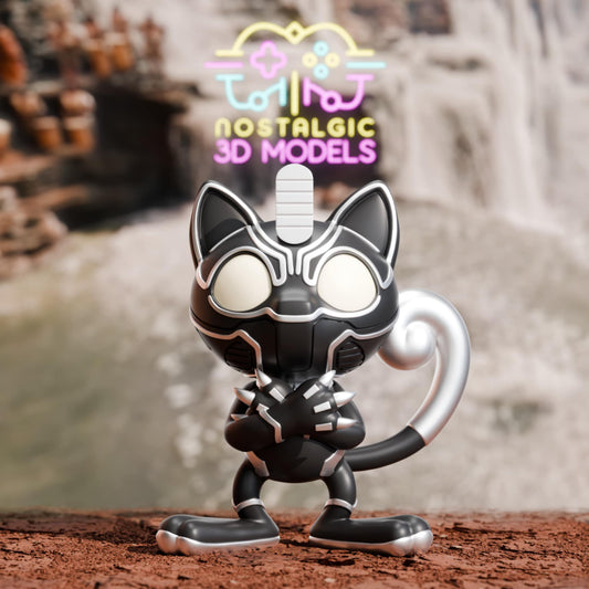 3D printed figure of Mew styled as Black Panther, in a sleek black and silver suit with cat-like detailing and claws out, arms crossed in a “Wakanda Forever” pose. A waterfall scene with the Nostalgic 3D Models logo in the background.