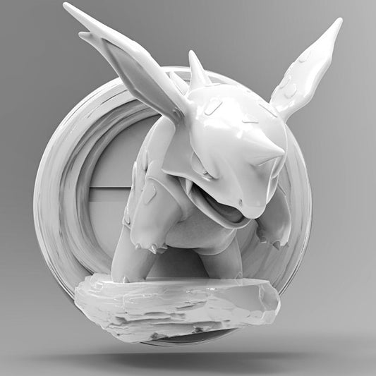 3D printed Nidorino wall decor sculpture, shown from a side angle. Nidorino is posed mid-snarl, emerging from a circular mount with rocky terrain at its feet. The smooth resin finish highlights the creature’s fierce expression and detailed spines.