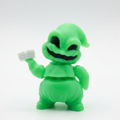 Glow-in-the-dark green articulated Oogie Boogie Flexi Friend holding a pair of white dice