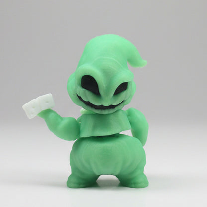 Glow-in-the-dark Oogie Boogie Flexi Friend glowing bright green in a dark room while holding white dice.