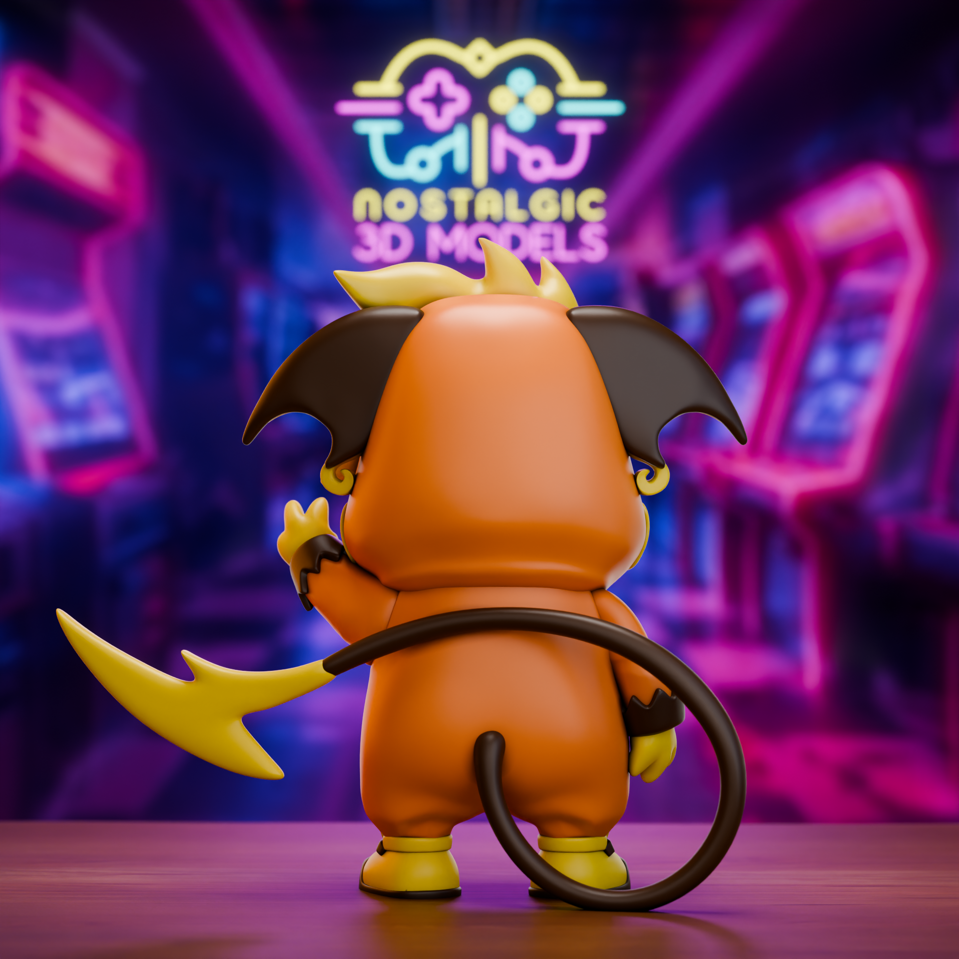 Back view of Pikachu figure in a Raichu onesie showing curled tail and detailed hood design.