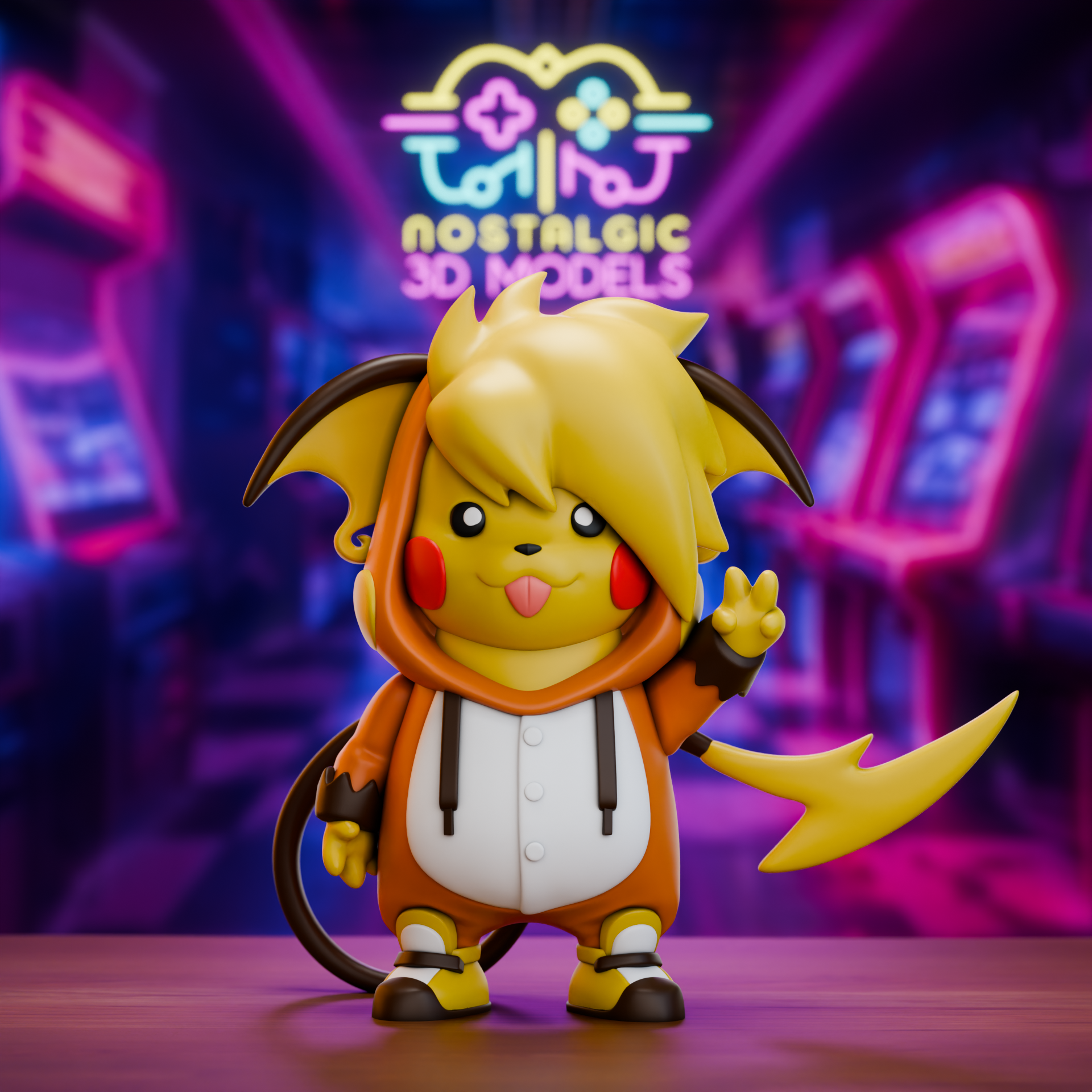 3D printed chibi Pikachu figure wearing a Raichu-inspired onesie with floppy ears, brown cheeks, and a playful smile, posed in front of a neon arcade background.