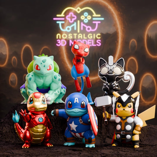 Six custom 3D printed miniatures combining Pokémon characters with Marvel Avengers. Front row: Charmander as Iron Man, Squirtle as Captain America, Pikachu as Thor. Back row: Bulbasaur, Spiderman, and Meowth as Black Panther, posed in front of a glowing logo that reads 'Nostalgic 3D Models