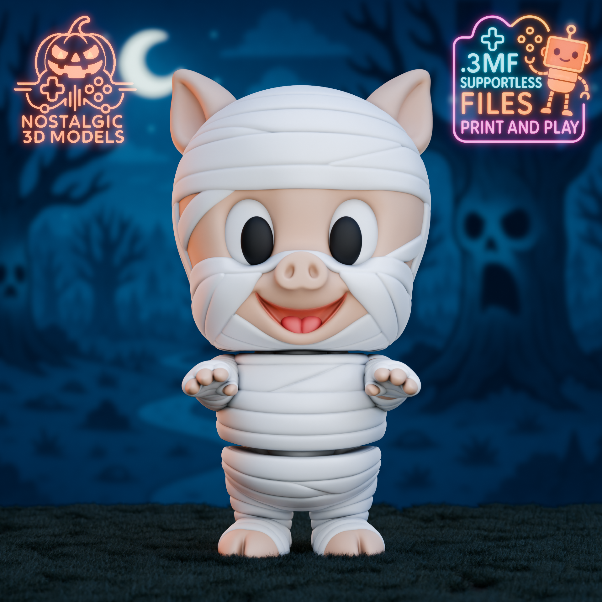 A 3D rendered Porky Pig figure dressed as a cute mummy, smiling with arms outstretched in front of a spooky Halloween forest background. Neon logos for “Nostalgic 3D Models” and “.3MF Supportless Files” appear in the top corners.