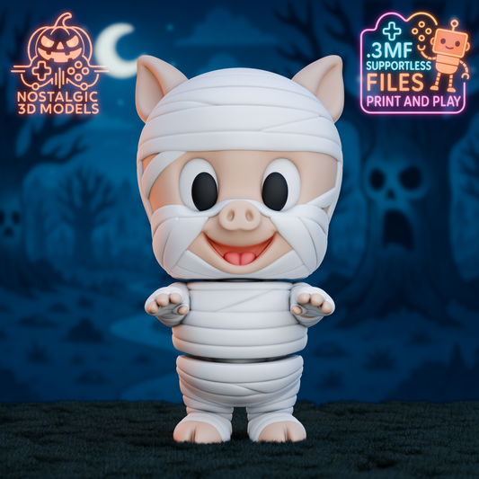 A 3D rendered Porky Pig figure dressed as a cute mummy, smiling with arms outstretched in front of a spooky Halloween forest background. Neon logos for “Nostalgic 3D Models” and “.3MF Supportless Files” appear in the top corners.