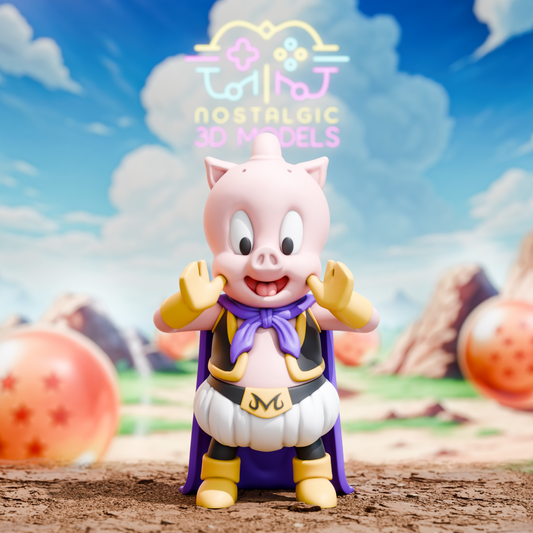 Front-facing shot of Porky Pig in full Majin Buu cosplay, with his wide smile and open hands giving a playful, cheerful vibe. His iconic “M” belt buckle is clearly visible.
