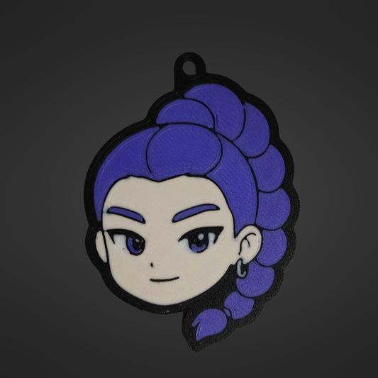 3D printed keychain of Rumi from K-Pop Demon Hunter, featuring her signature purple braided hair styled in a high ponytail, bold eyebrows, and confident expression. Displayed on a dark background with a small loop for keyring attachment.