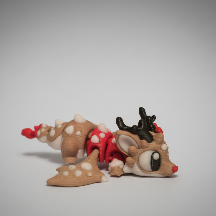A 3D printed flexi dragon designed like a gingerbread reindeer, with brown and white icing details, tiny red accents, and black antlers. The dragon is posed lying down on a dark background, showing off its festive colouring and flexible design.