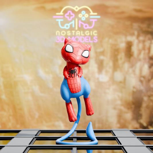 3D printed figure of Meowth dressed as Spider-Man, perched in a swinging pose with a blue web stand, red and blue suit, and large white eyes. Background features a golden cityscape glow and the Nostalgic 3D Models logo