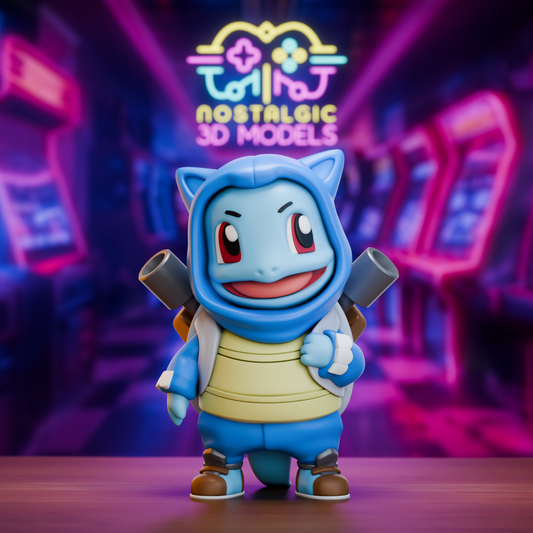 3D printed chibi-style Squirtle figure wearing a Blastoise-themed hoodie, with visible water cannons and a cheerful expression