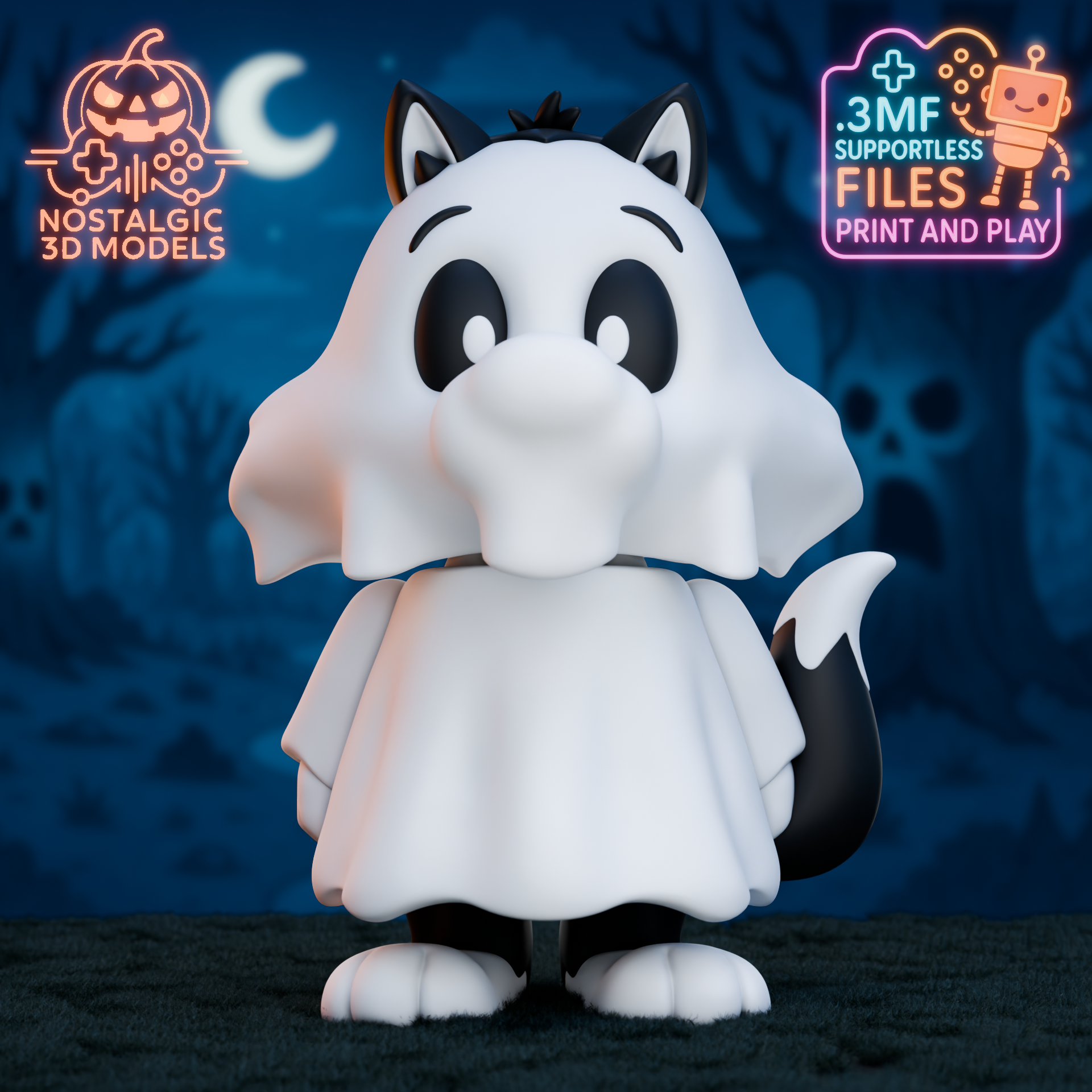 A single 3D printed Sylvester figure stands upright in a ghost costume under a moonlit, cartoonish Halloween background. The sheet drapes over him with his ears and tail poking out. Glowing logos for “Nostalgic 3D Models” and “3MF supportless files” appear in the corners.