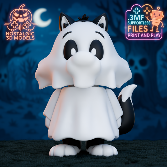 A single 3D printed Sylvester figure stands upright in a ghost costume under a moonlit, cartoonish Halloween background. The sheet drapes over him with his ears and tail poking out. Glowing logos for “Nostalgic 3D Models” and “3MF supportless files” appear in the corners.