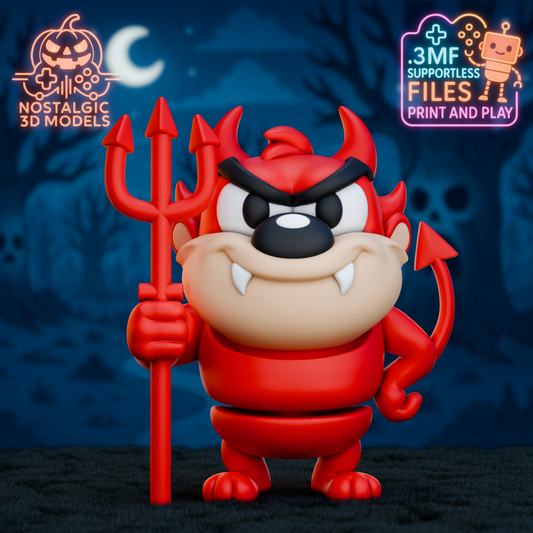 A close-up of a 3D printed Tazmanian Devil figure in a red devil costume with a red trident and curved tail, standing confidently against a spooky, cartoon-style forest at night. The figure is smiling devilishly under Halloween moonlight, with branding for Nostalgic 3D Models and supportless files in the corners.