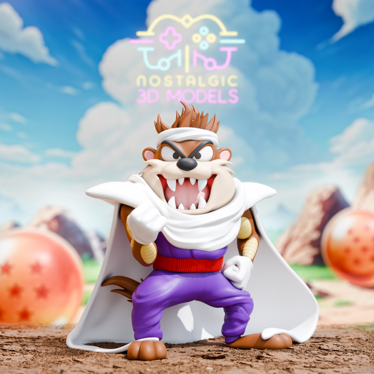 Frontal view of a 3D printed figure of Taz as Piccolo, mid-roar with fists clenched and teeth bared. His purple gi, white scarf and cape, and intense expression perfectly merge the worlds of Looney Tunes and Dragon Ball Z.