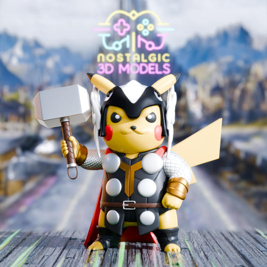 3D printed Pikachu wearing a Thor costume, holding Mjölnir, with a red cape, silver chest armor, and winged helmet. The background has a futuristic Asgardian landscape with the Nostalgic 3D Models logo glowing above.