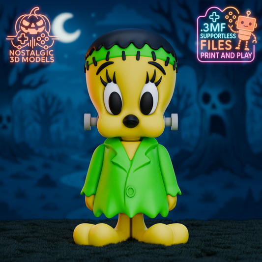 3D printed FrankenTweety figure in a Frankenstein-inspired costume with neon green jacket, black stitched hair, and cartoon-style bolts in the neck. Set against a spooky Halloween background with moonlight and trees.