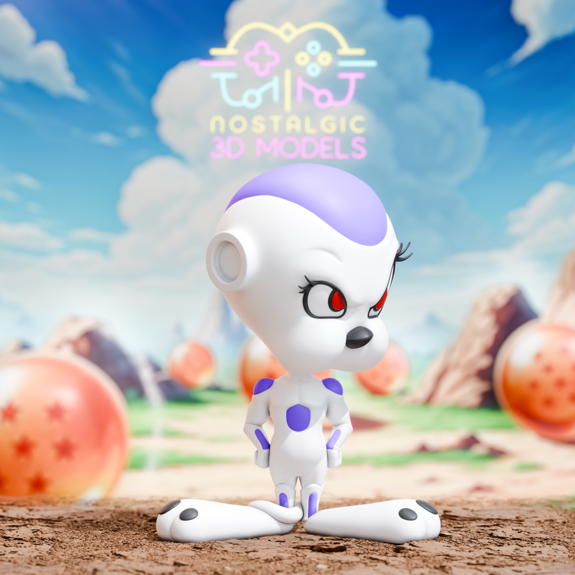 Side angle of the Tweety Frieza mashup figure with one hip cocked and sassy expression in a desert battlefield scene