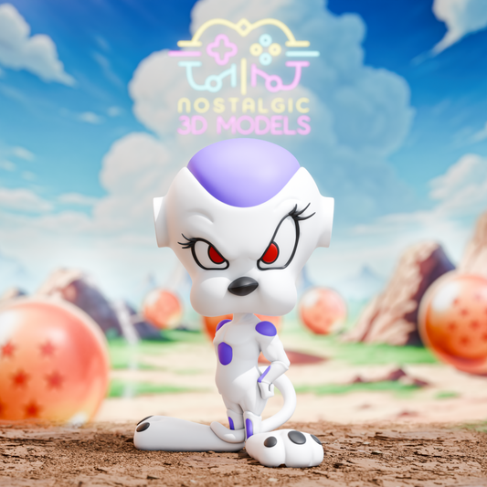 3D printed figure of Tweety Bird dressed as Frieza, standing with arms crossed, red eyes and purple bio-armor, against a dragon ball-themed background.