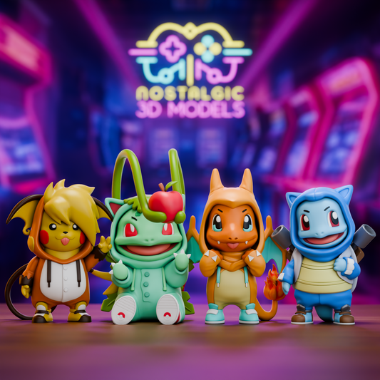 Four 3D printed chibi Pokémon figures in themed hoodies posed in front of a neon arcade background. From left to right: Pikachu wearing a Raichu hoodie, Bulbasaur in a green hoodie with an apple on top, Charmander in an orange hoodie with wings and a flame tail, and Squirtle in a Blastoise hoodie with visible water cannons and shell.