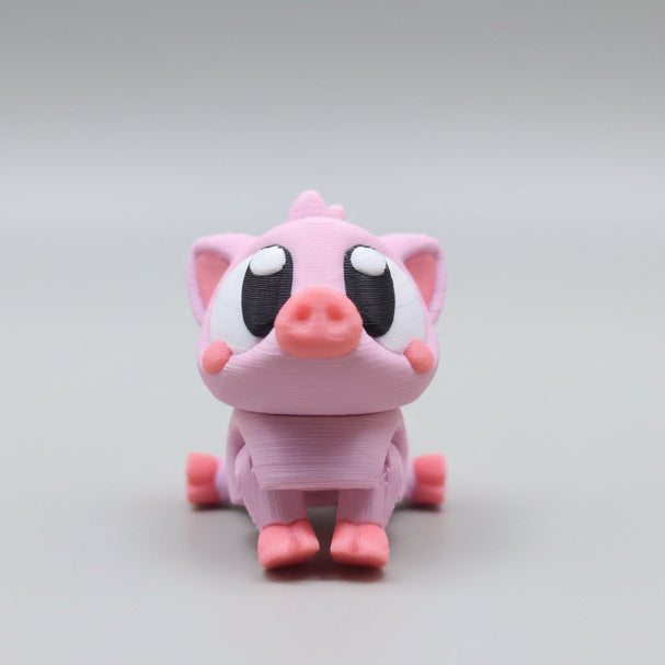 Pink piglet, with big eyes and a cute snout sitting on his bottom.