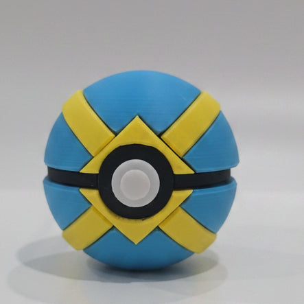 3D printed Quick Ball inspired collectible featuring a bright blue sphere design with bold yellow lightning-style markings, black centre band, and classic Pokéball button detail. A Pokémon themed display piece photographed on a grey background.
