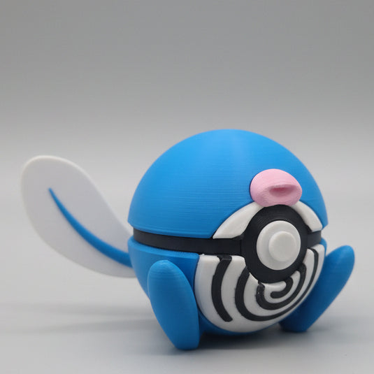 Side view of Poliwag inspired Pokéball 3D print showing blue colouring, curled tail, spiral details, and cute collectible design.