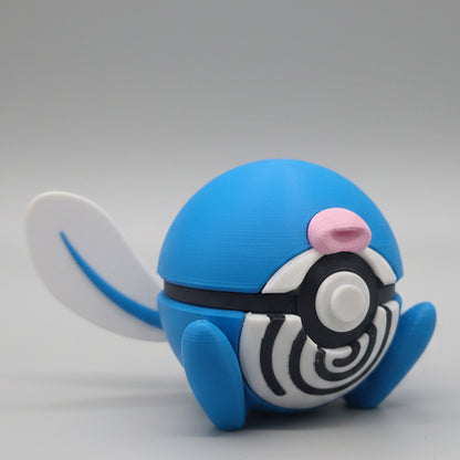 Side view of Poliwag inspired Pokéball 3D print showing blue colouring, curled tail, spiral details, and cute collectible design.