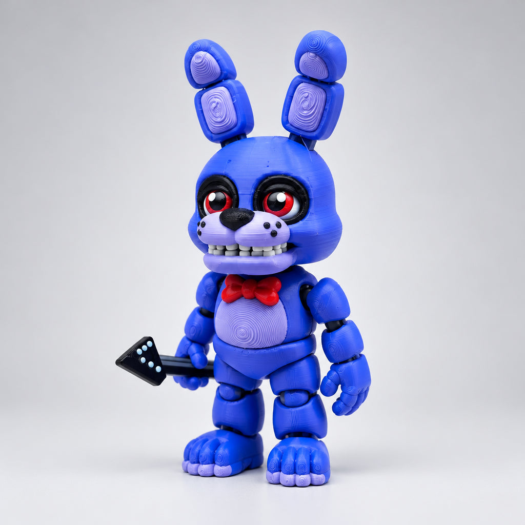 3D-printed Bonnie figure from Five Nights at Freddy’s, featuring a bright purple animatronic bunny with long ears, red eyes, a red bow tie, articulated arms and legs, and a black guitar, standing against a light grey background.